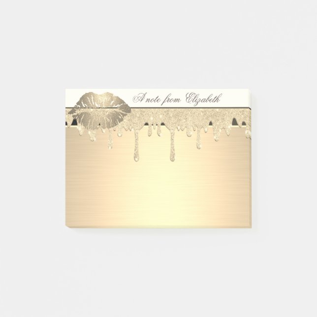 Bloco De Notas Elegante Feminino, Pingos de Brilho Dourado, Lábio (Frente)