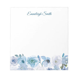 Bloco De Notas Elegante Floral Aquarela Azul Céu Branco Personali