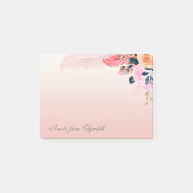 Bloco De Notas Elegante Glamouroso Menina Aquarela Flores Pena (Frente)