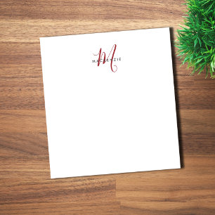 Bloco De Notas Elegante Monograma Moderno em Branco e Vermelho co