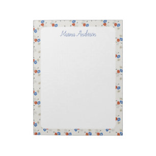 Bloco De Notas Elegante Nome Personalizado floral vermelho branco
