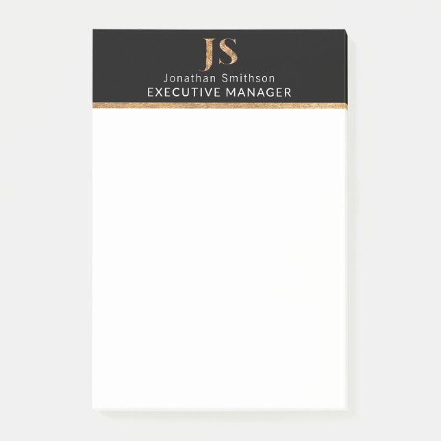 Bloco De Notas Elegante, preto e Dourado monograma personalizado (Frente)