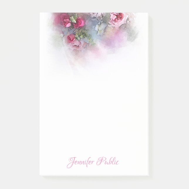 Bloco De Notas Elegante Rosas de Aquarela Flores Script de Mão (Frente)