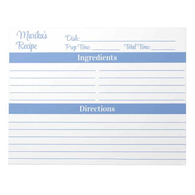 Bloco De Notas Elegante Script Azul Claro 8.5x11 Receitas (Frente)