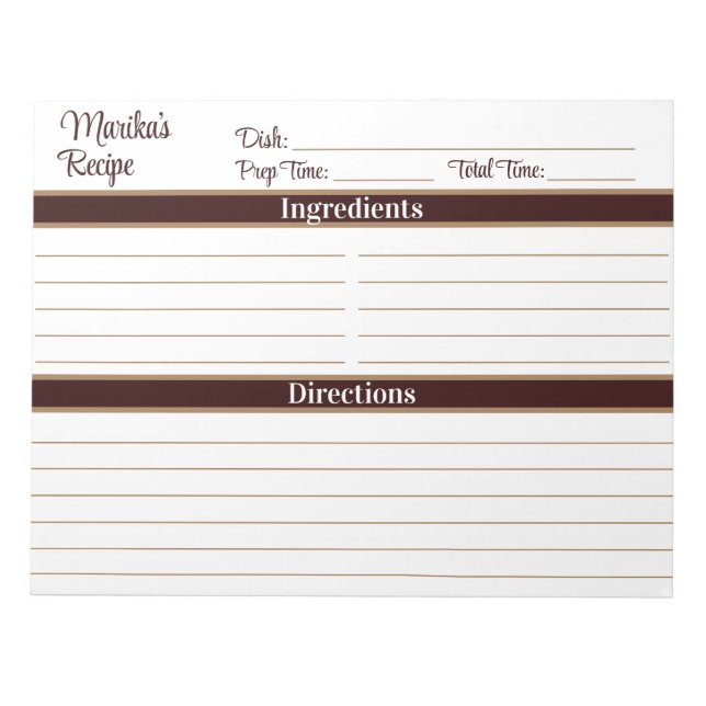 Bloco De Notas Elegante Script Marrom Chocolate 8.5x11 Receitas (Frente)