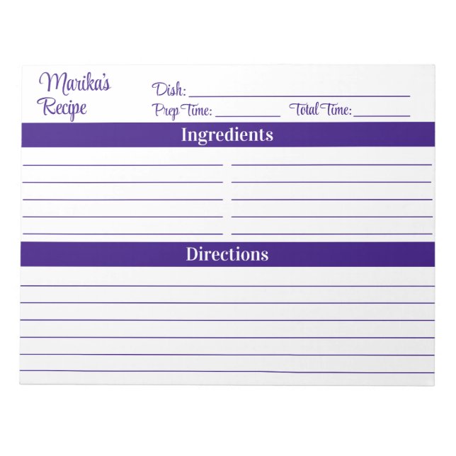 Bloco De Notas Elegante Script Roxo 8.5x11 Receitas (Frente)