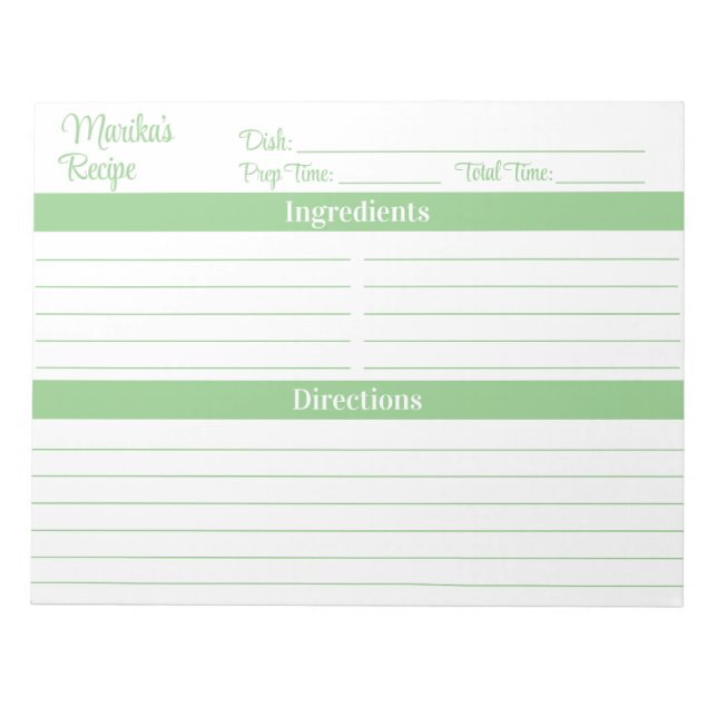 Bloco De Notas Elegante Script Verde Sage 8.5x11 Receitas (Frente)