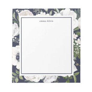 Bloco De Notas Elegante White Roses Greenery Marinho Blue Name