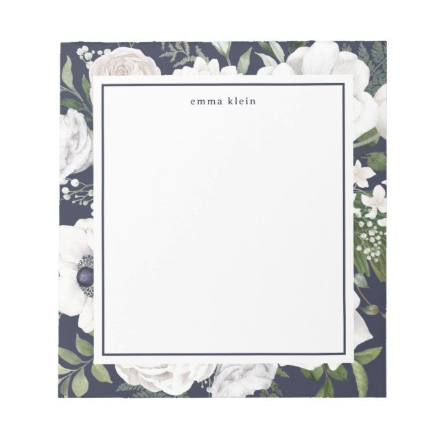 Bloco De Notas Elegante White Roses Greenery Marinho Blue Name (Frente)
