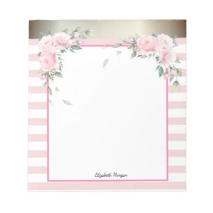 Bloco De Notas Elegantes Listras Rosa, Flores Aquarela