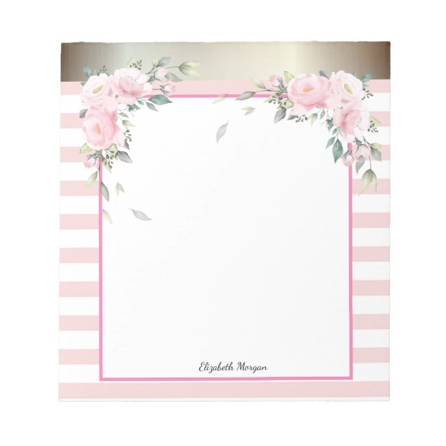 Bloco De Notas Elegantes Listras Rosa, Flores Aquarela (Frente)