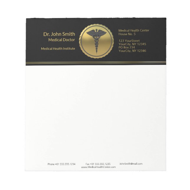 Bloco De Notas Emblema Caduceu Médico Dourado 3D Profissional (Frente)
