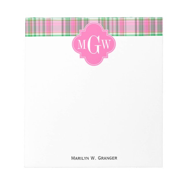 Bloco De Notas Emerald Green Hot Pink Whirox Preppy Madras Monogr (Frente)