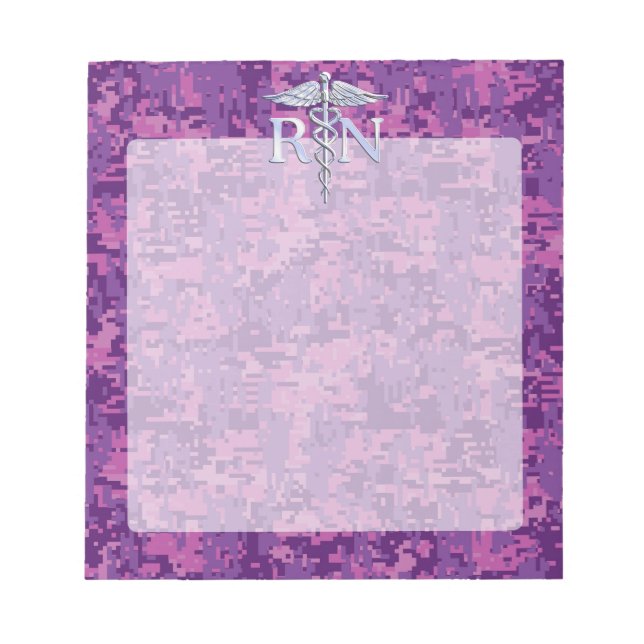 Bloco De Notas Enfermeira Registrada RN Silver Caduceus em Pink C (Frente)