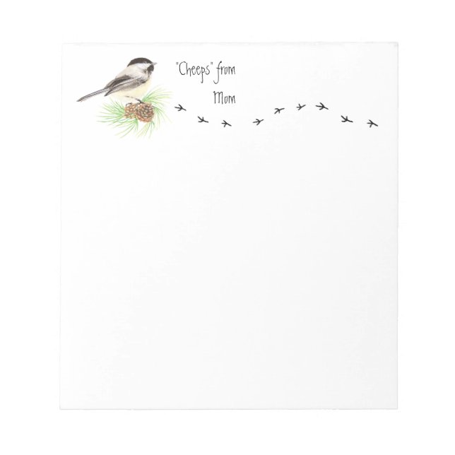 Bloco De Notas Engraçado "Cheeps from Mamãe" Chickadee, Bird Trac (Frente)