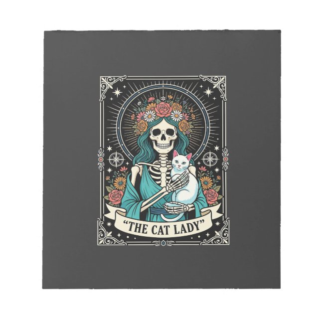 Bloco De Notas Esqueleto de Gata Tarot Floral Gótico (Frente)