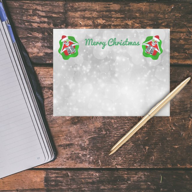Bloco De Notas Esqueletos de Natal Vermelhos Brancos Verdes (Merry christmas fun skeletons on white circles on pad of post it notes.)