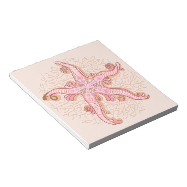 Bloco De Notas Estrelas-do-mar e Coral Padrão Pastel Rosa (Inclinado)