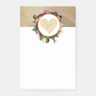 Bloco De Notas Eu Amo Você Ouro Coração Rico com Quadro Floral