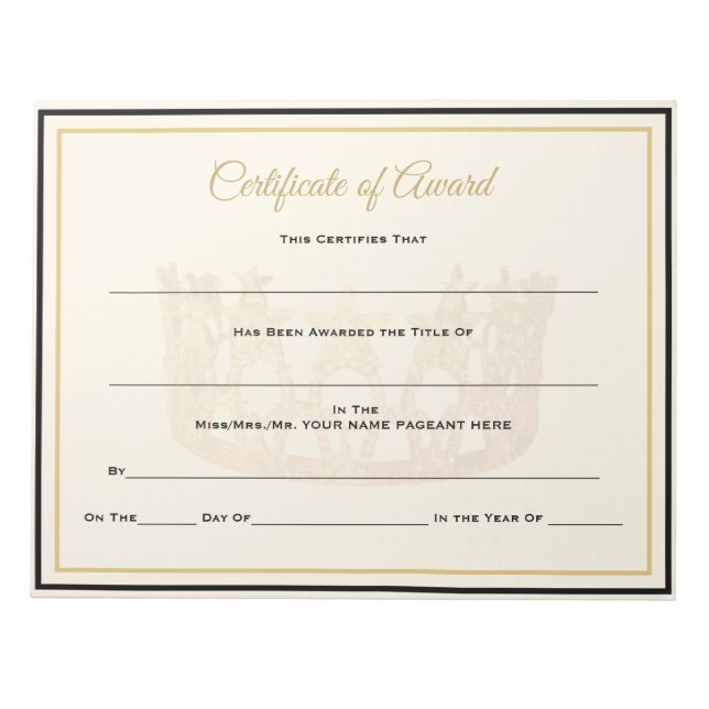Bloco De Notas EUA America Crown Certificate-Prêmio (Frente)