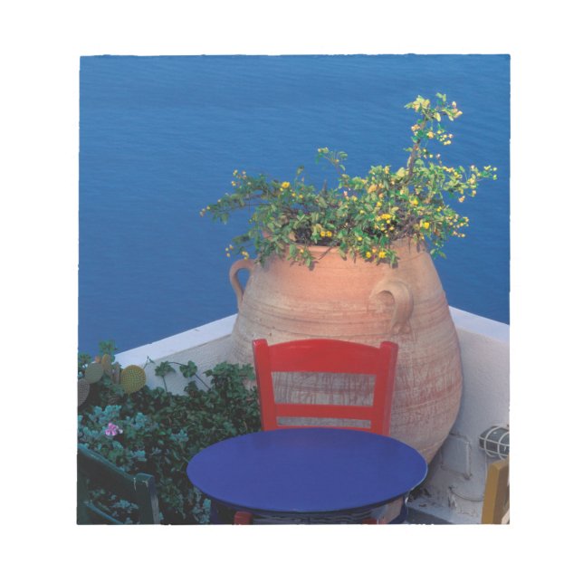 Bloco De Notas Europa, Grécia, Santorini. Terraço com vista para  (Frente)