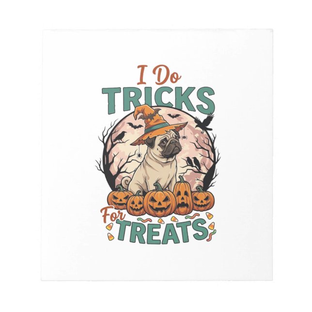 Bloco De Notas Faça Truques Guloseimas Halloween Pug Bruxa Chapéu (Frente)