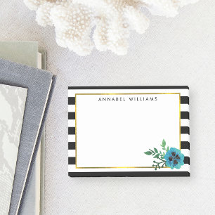Bloco De Notas Faixa Preta e Floral Azul Personalizado