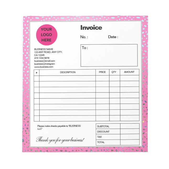 Bloco De Notas Fatura de Impressão de Guepardo Rosa Brilhante Per (Frente)
