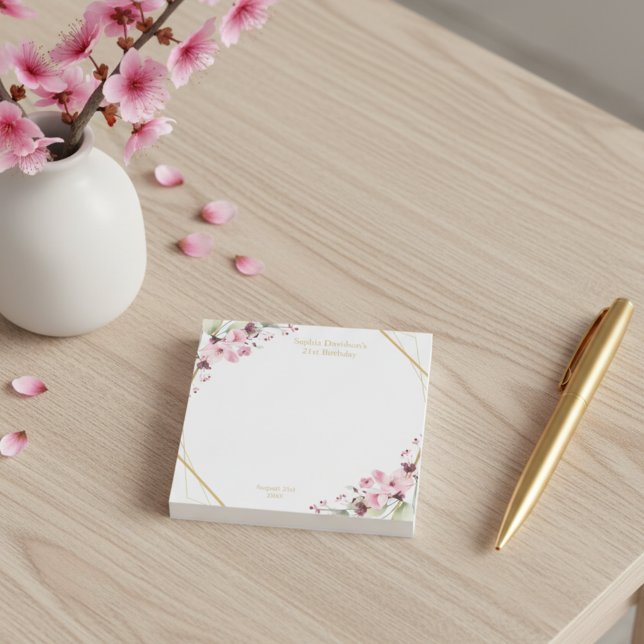 Bloco De Notas Favor do Partido do aniversário de 21 anos do Eleg (Stylish pink sakura flowers birthday post it notes.)