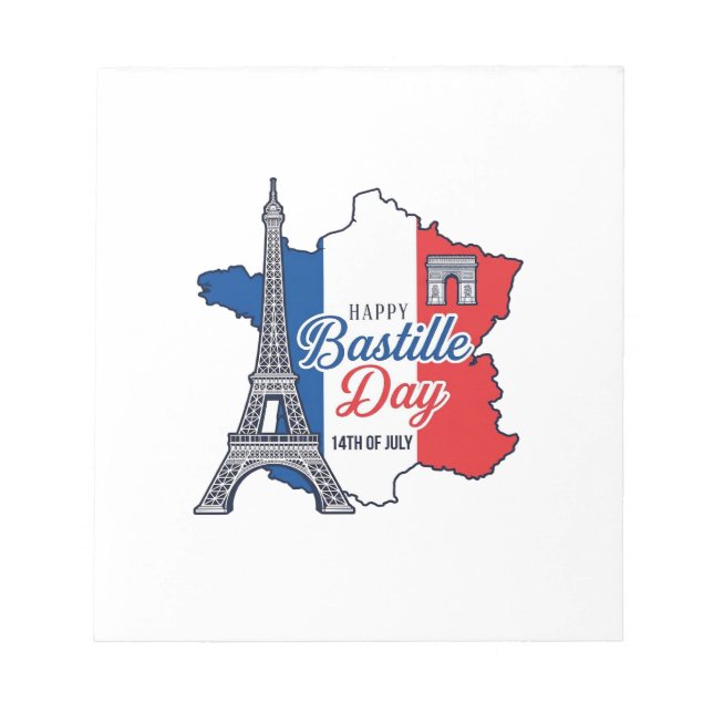 Bloco De Notas Feliz Dia da Bastilha França Mapa Torre Eiffel Vec (Frente)