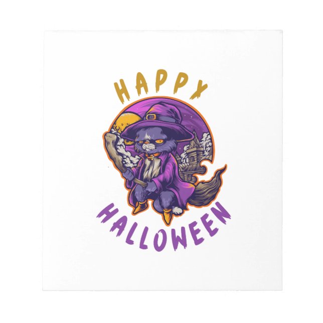 Bloco De Notas Feliz Dia das Bruxas Bruxa de Halloween Gato (Frente)