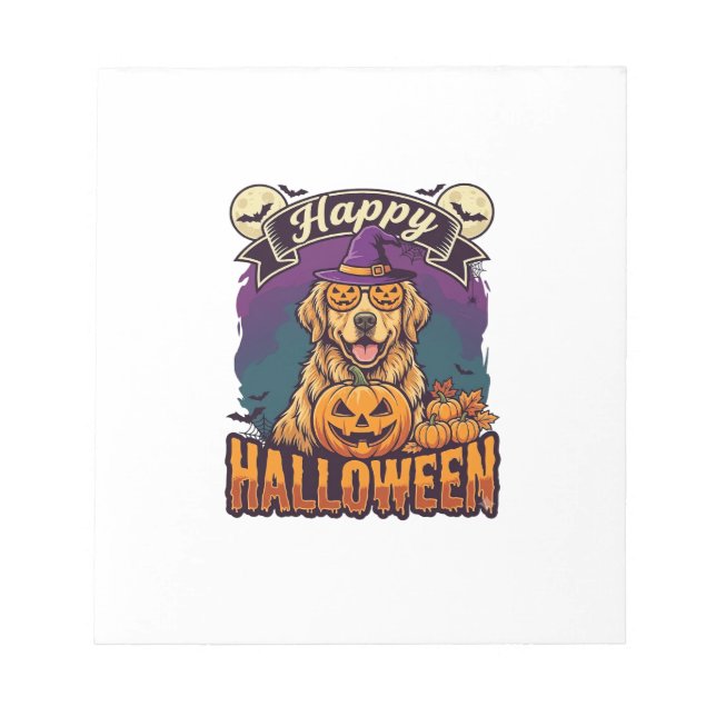 Bloco De Notas Feliz Dia das Bruxas Retriever Dourado Chapéu de B (Frente)