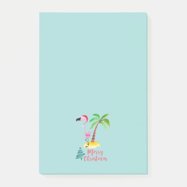 Bloco De Notas Feliz Flamingo Rosa De Natal Com Palma De Árvore (Frente)