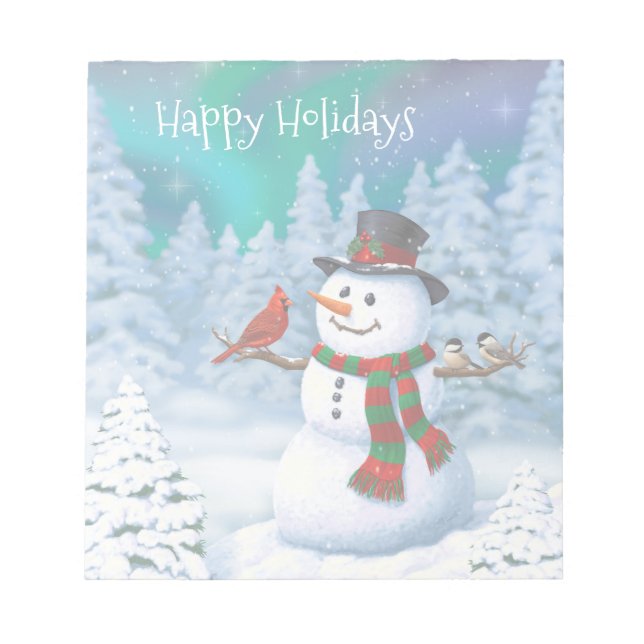 Bloco De Notas Feliz Natal Snowman e Birds Cena de Inverno (Frente)