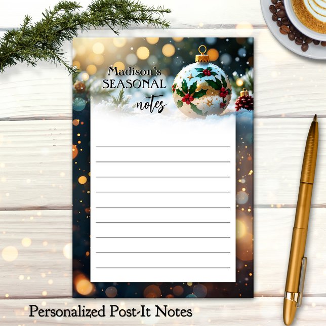 Bloco De Notas Férias Natalícias Festivas (Post it notes featuring a Christmas design with bauble in the snow and light sparkles.)