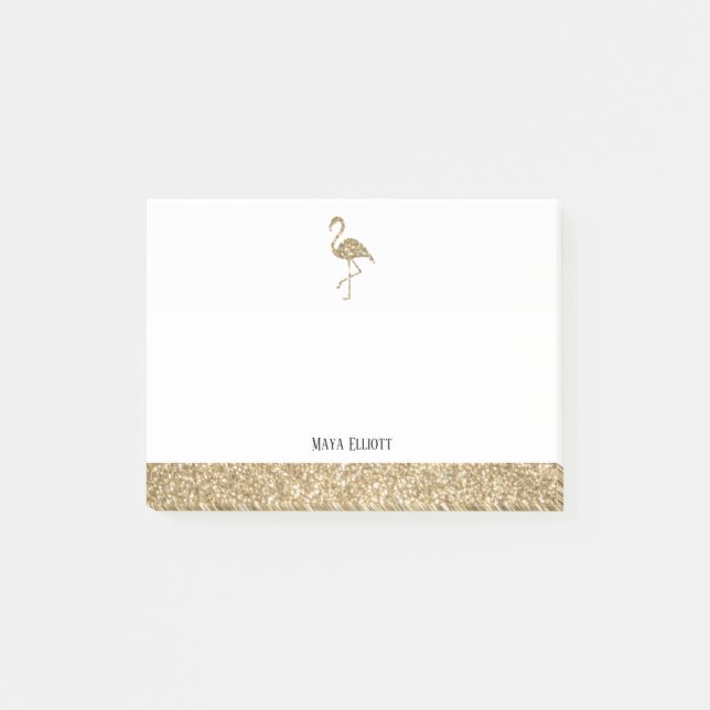 Bloco De Notas Flamingo & Borda Brilhante Falso Dourado e Branco (Frente)