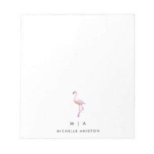 Bloco De Notas Flamingo Branco Rosa Elegante   Monograma personal