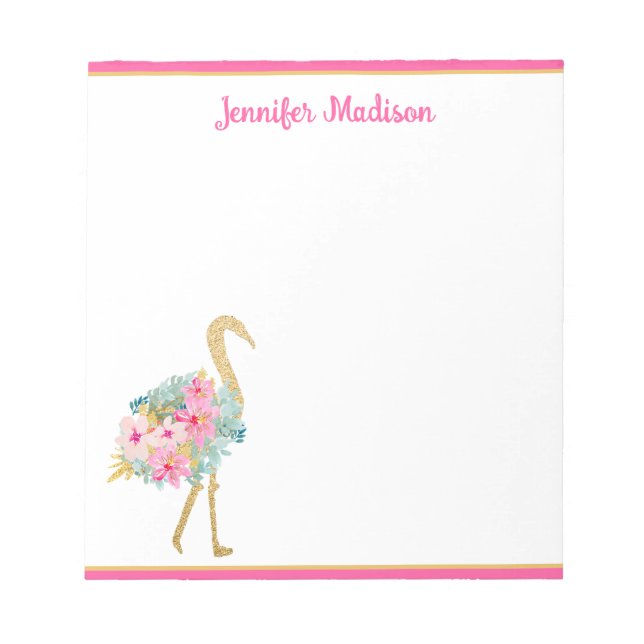 Bloco De Notas Flamingos Rosa e Dourado Tropical Com Flores (Frente)