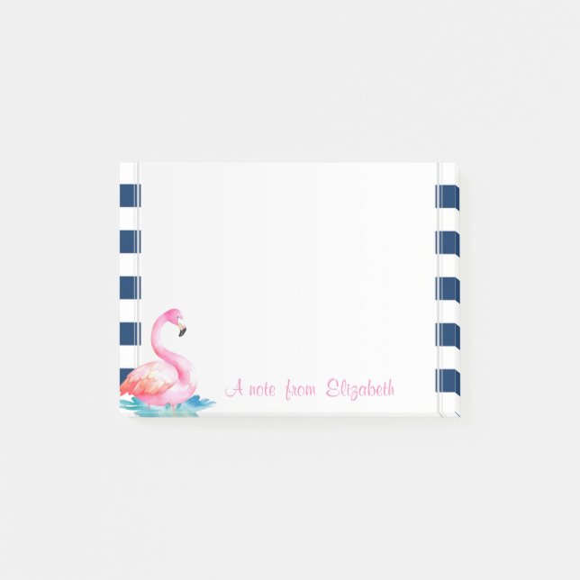 Bloco De Notas Flamingos Rosa Fofo,Listras Azul-Marinho (Frente)