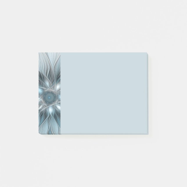 Bloco De Notas Flor Abstrata Alegre Azul Cinza Fractal Floral (Frente)