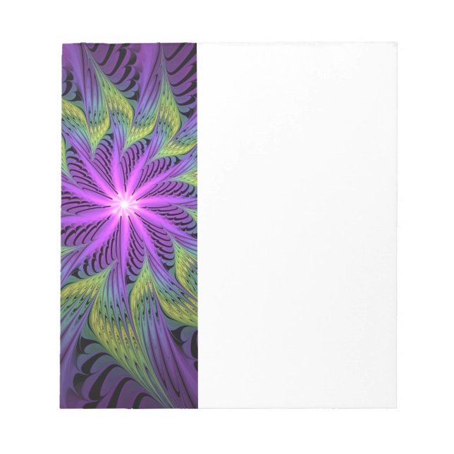 Bloco De Notas Flor de Arte Fractal Abstrata Moderna Roxa Verde (Frente)