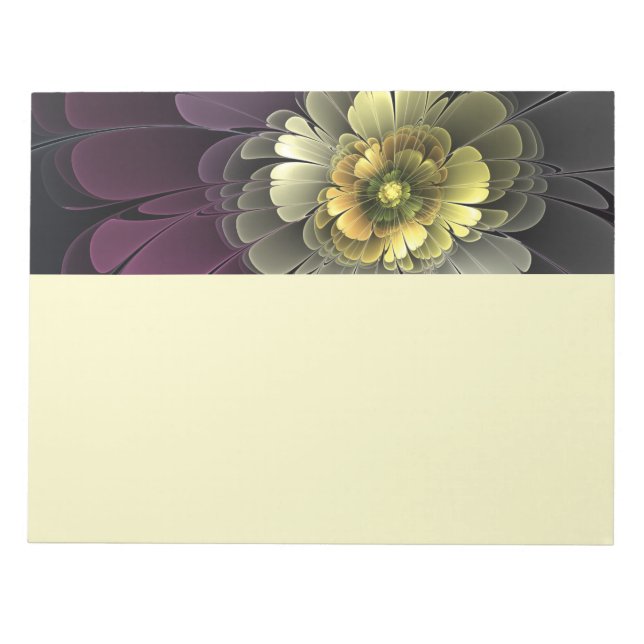 Bloco De Notas Flor Fractal Abstrata Moderna Purpura Cinza Khaki (Frente)