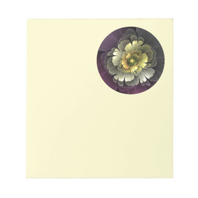 Bloco De Notas Flor Fractal Cinza Khaki Roxo Moderno Abstrato (Frente)