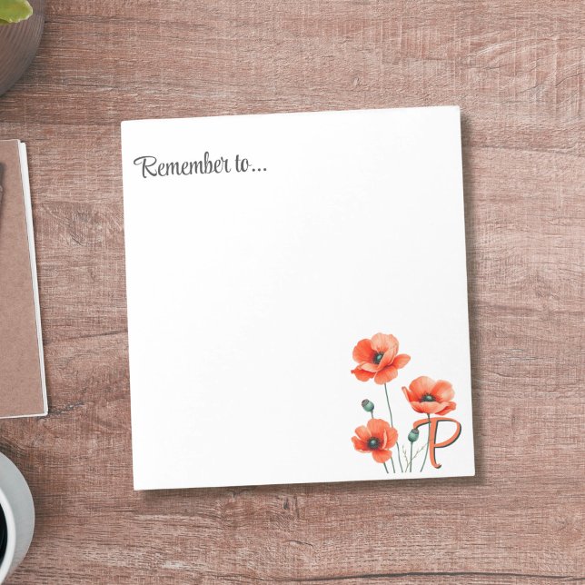 Bloco de Notas Flor Silvestre Monograma Papoula (Add your initial to this pretty poppy notepad)