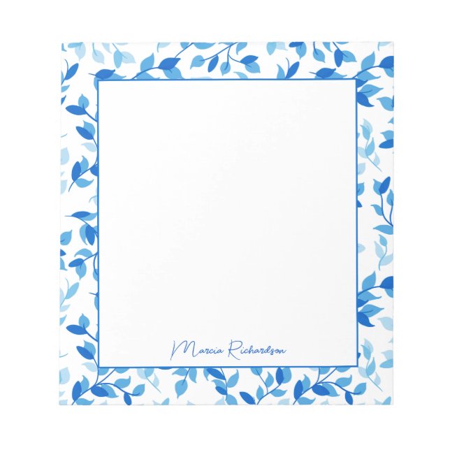 Bloco De Notas Florais Azuis Bonitos Modernos Personalizados (Frente)