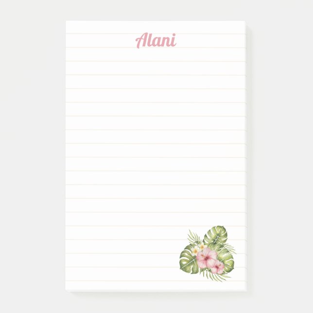 Bloco De Notas Florais havaianos personalizados com Nome 4x6 LIne (Frente)