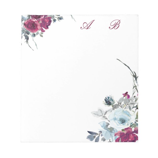 Bloco De Notas Floral aquarela azul e burgundy (Frente)