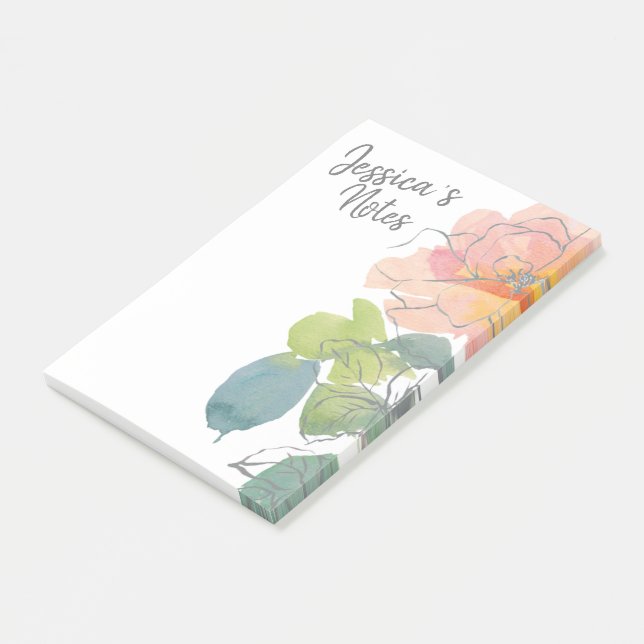 Bloco De Notas Floral de Aquarela Coral e Rosa (Inclinado)