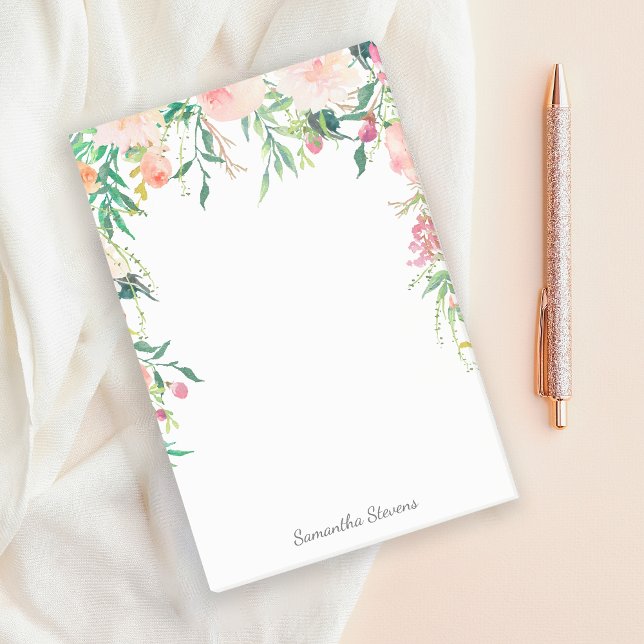 Bloco De Notas Floral de Aquarela Rosa Feminina com o Seu Nome (Criador carregado)