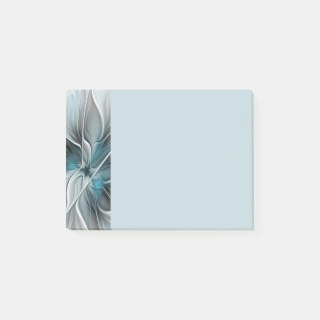 Bloco De Notas Floral Fractal Moderno Abstrato Flor Azul Cinza (Frente)